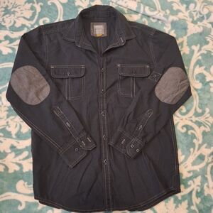 Stylish Dark Blue Button-Down Shirt with Elbow Patches
